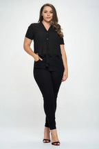 Plus Solid Chiffon Button Down Tie Front Short Sleeve Top | Mixtshop LLC