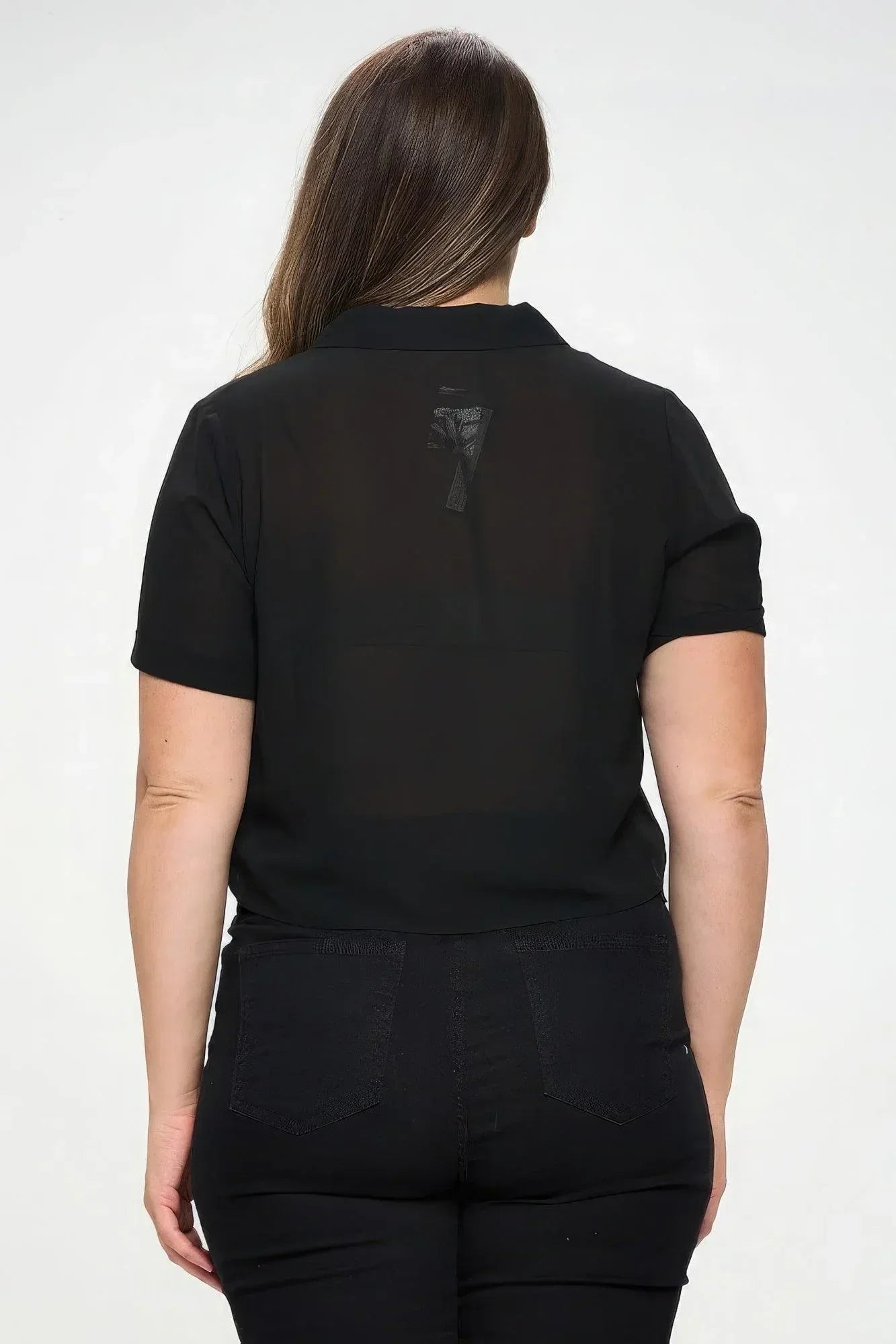 Plus Solid Chiffon Button Down Tie Front Short Sleeve Top | Mixtshop LLC