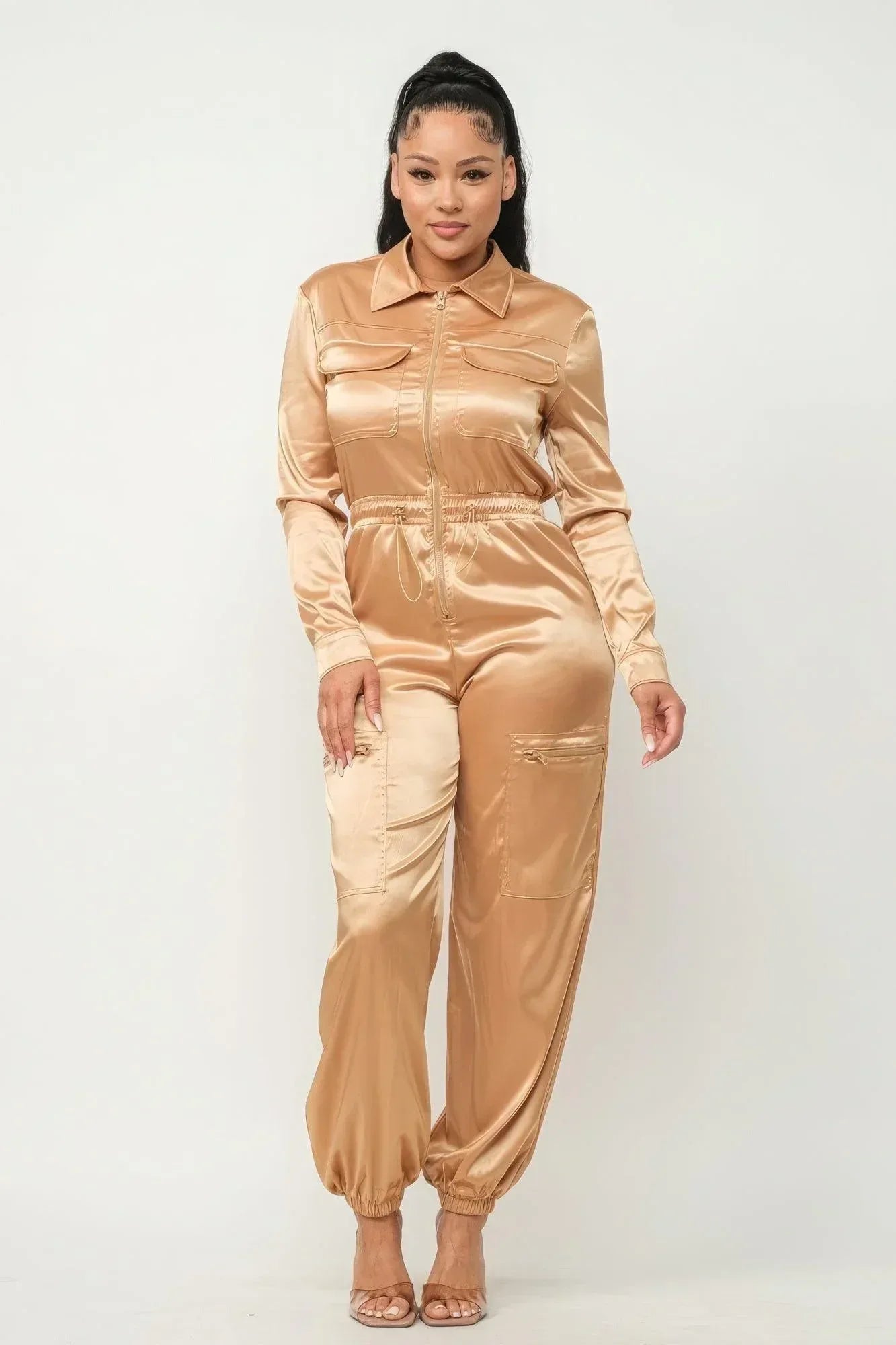 Front Zipper Pockets Top And Pants Jumpsuit | Mixtshop LLC Main image