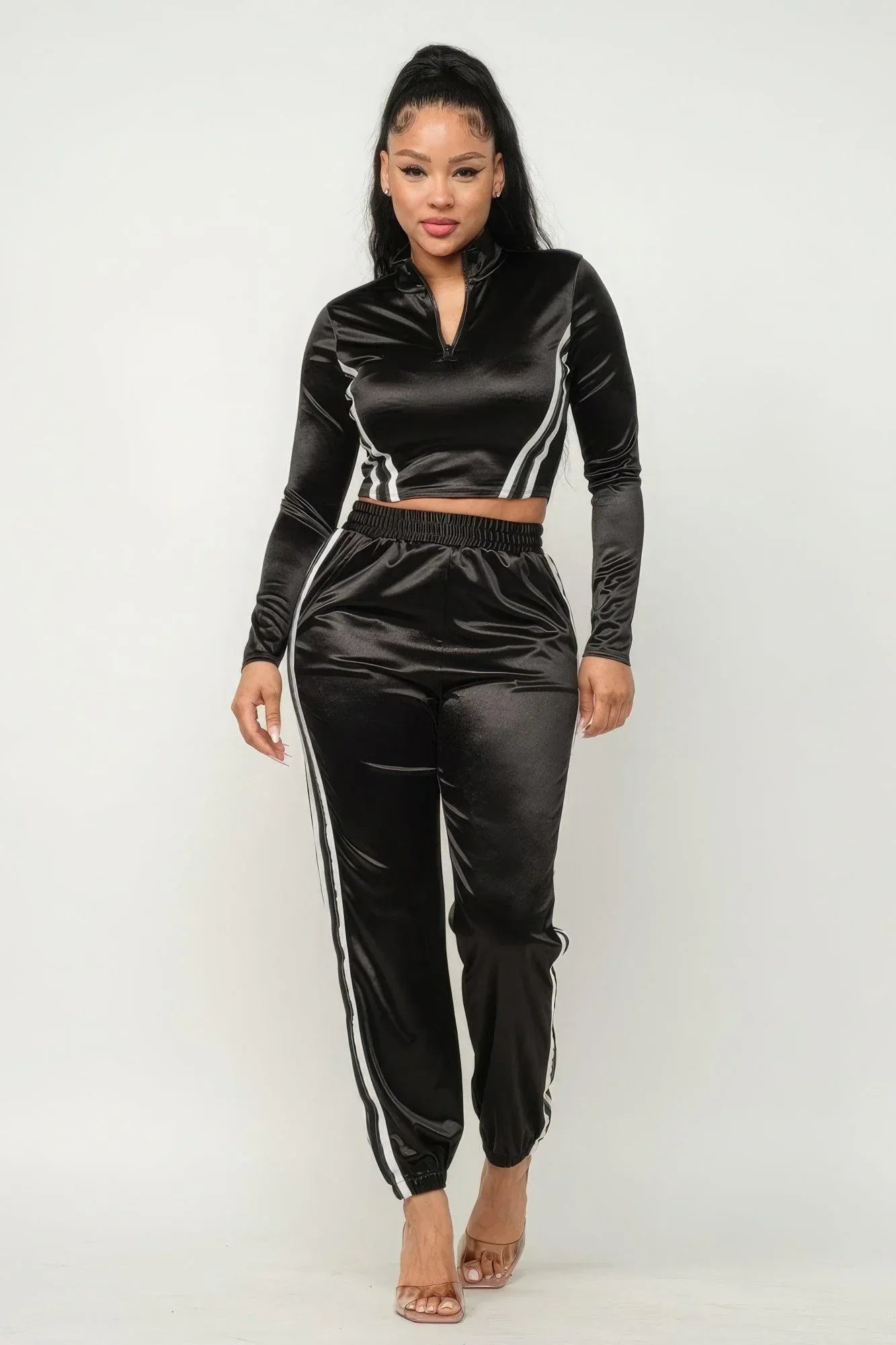 Front Zip Up Stripes Detail Jacket And Pants Set | Mixtshop LLC