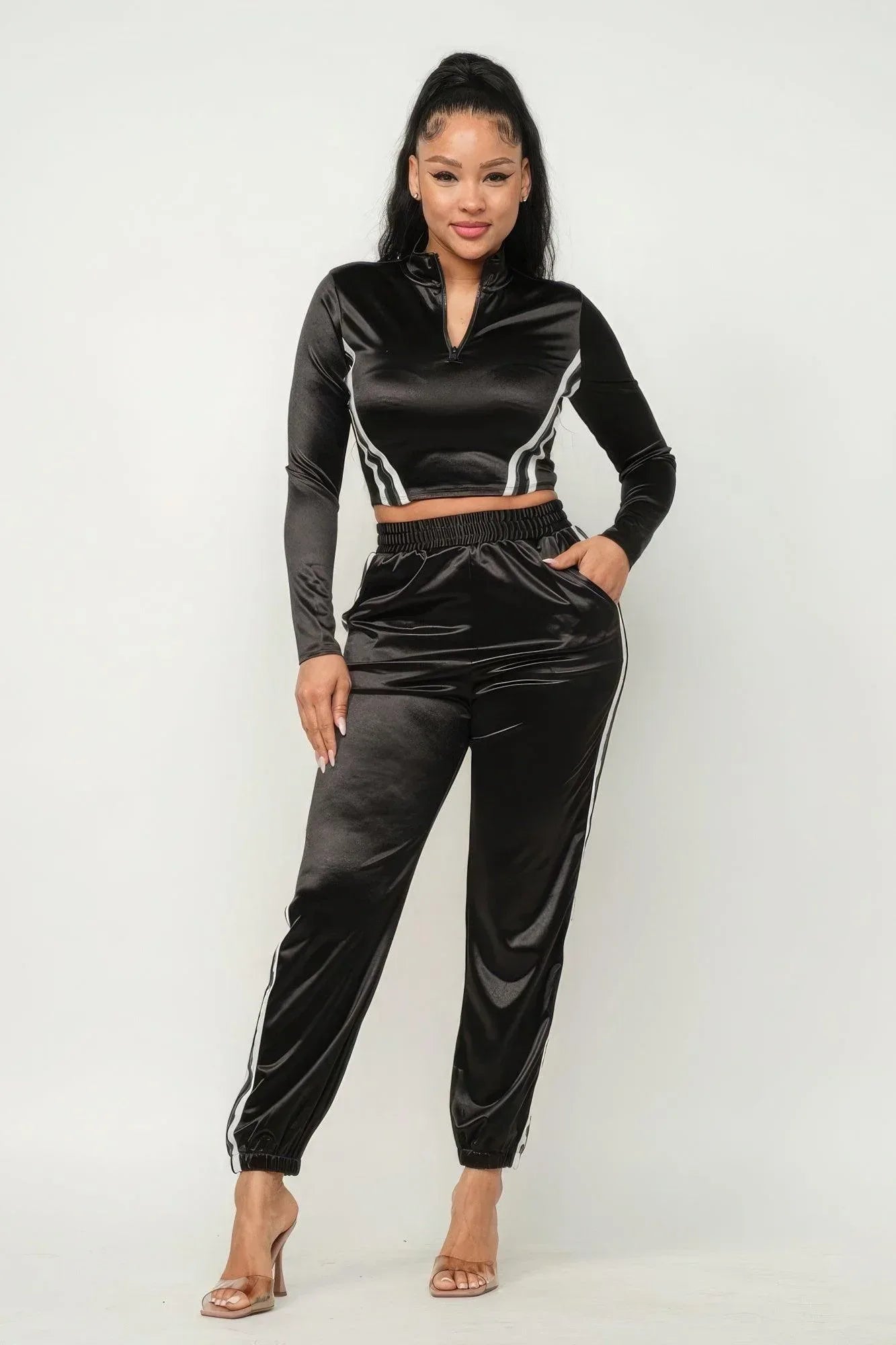 Front Zip Up Stripes Detail Jacket And Pants Set Secondary image