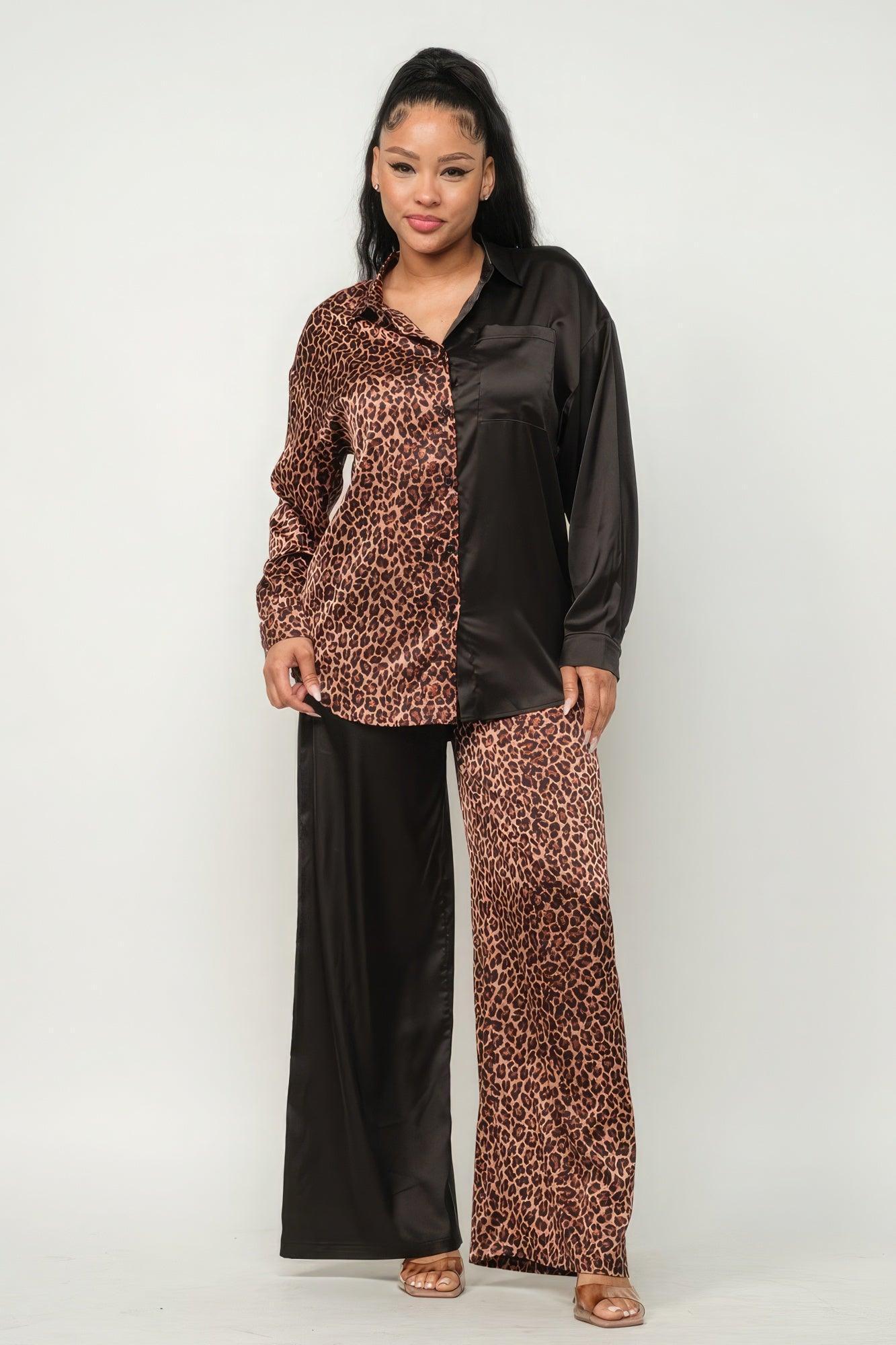 Half Animal Print And Half Solid Top And Pants Set | Mixtshop LLC Main image