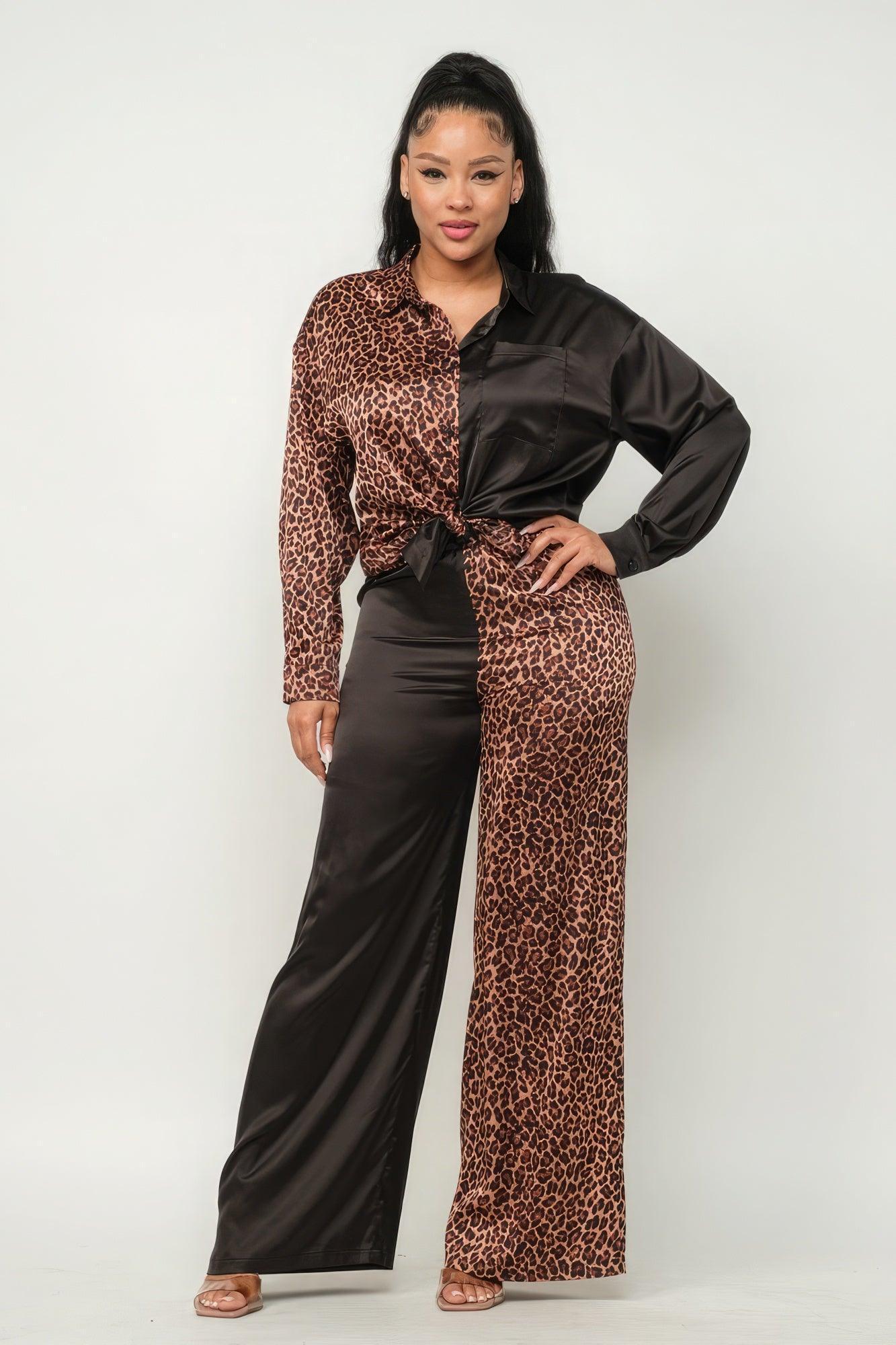 Half Animal Print And Half Solid Top And Pants Set Secondary image