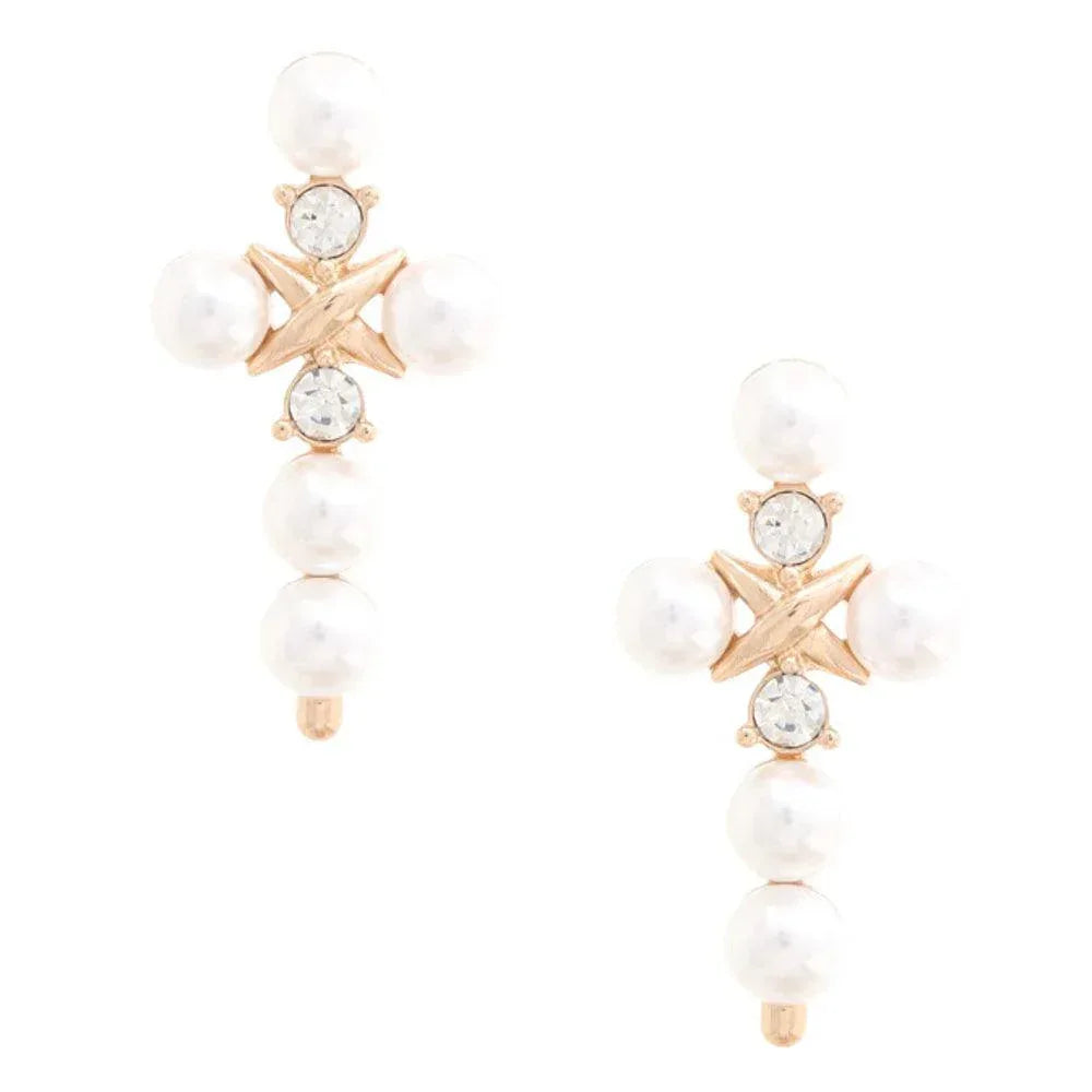 Pearl Bead Cross Dangle Earring | Mixtshop LLC Main image
