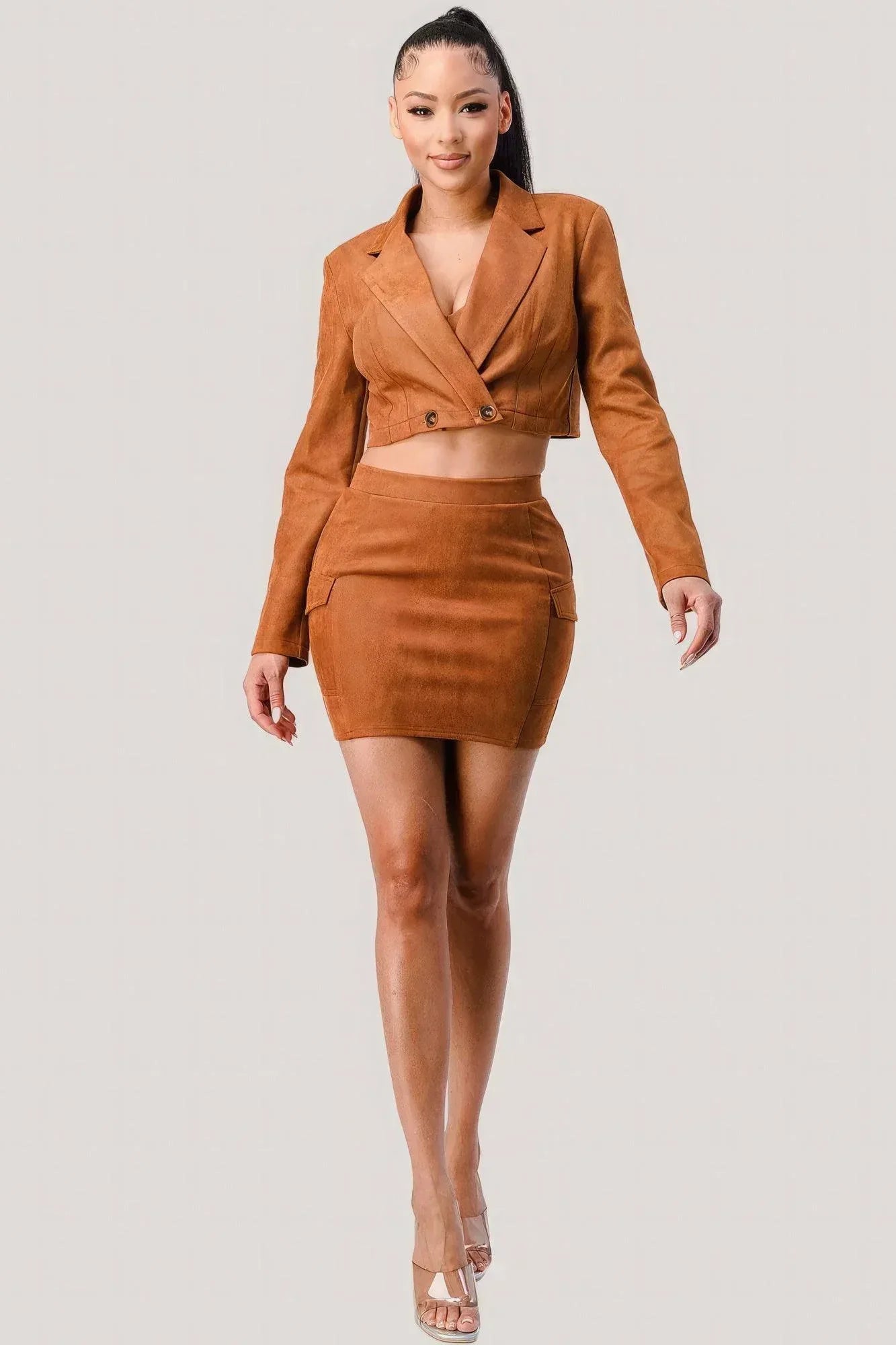 Diagonal Bralette With Cropped Blazer Jacket & Mini Skirt 3pcs Sets | Mixtshop LLC