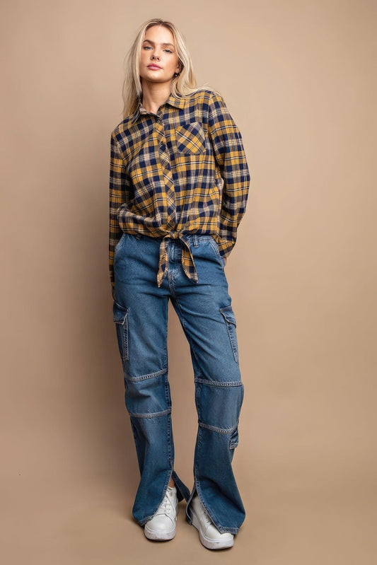 Tie Front Button Down Plaid Shirt With Front Pocket | Mixtshop LLC