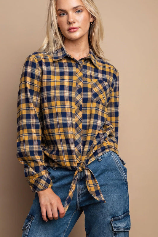 Tie Front Button Down Plaid Shirt With Front Pocket | Mixtshop LLC