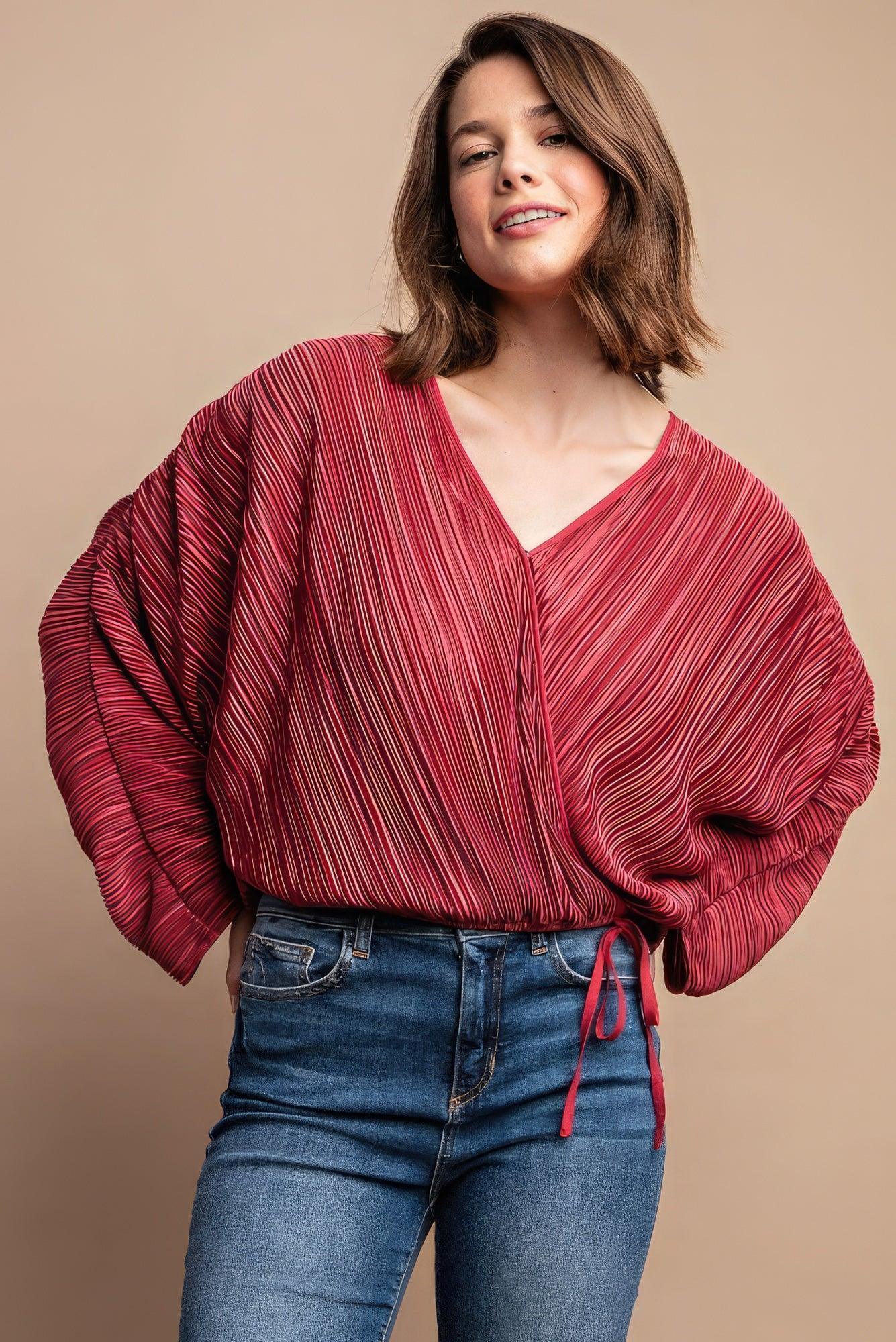 Satin Pleated Drawstring Top With Snap Button | Mixtshop LLC Main image