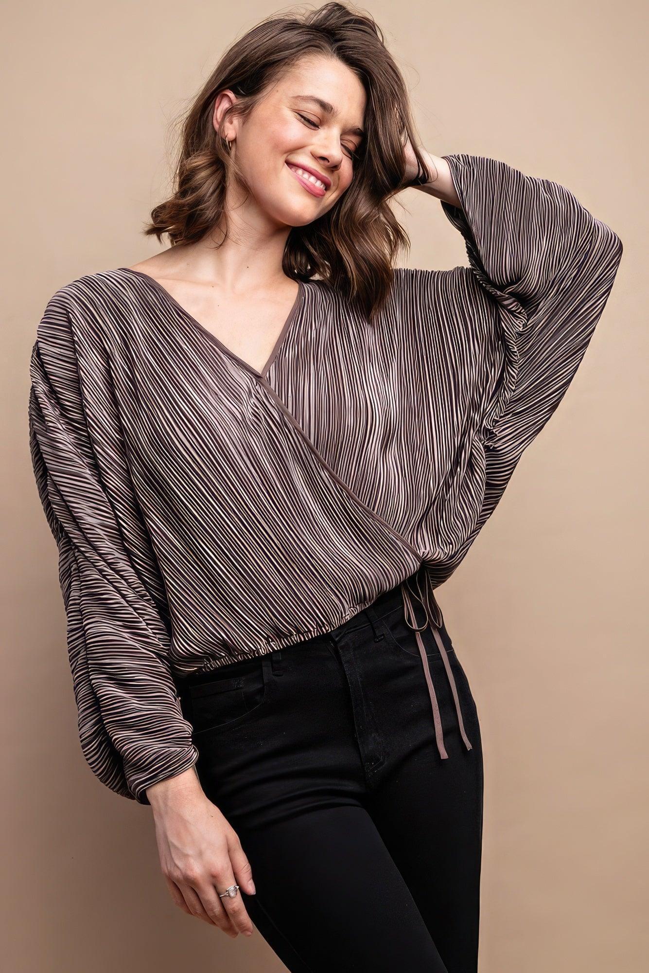 Satin Pleated Drawstring Top With Snap Button | Mixtshop LLC Main image