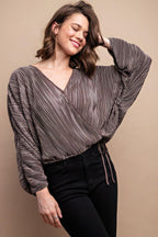Satin Pleated Drawstring Top With Snap Button | Mixtshop LLC