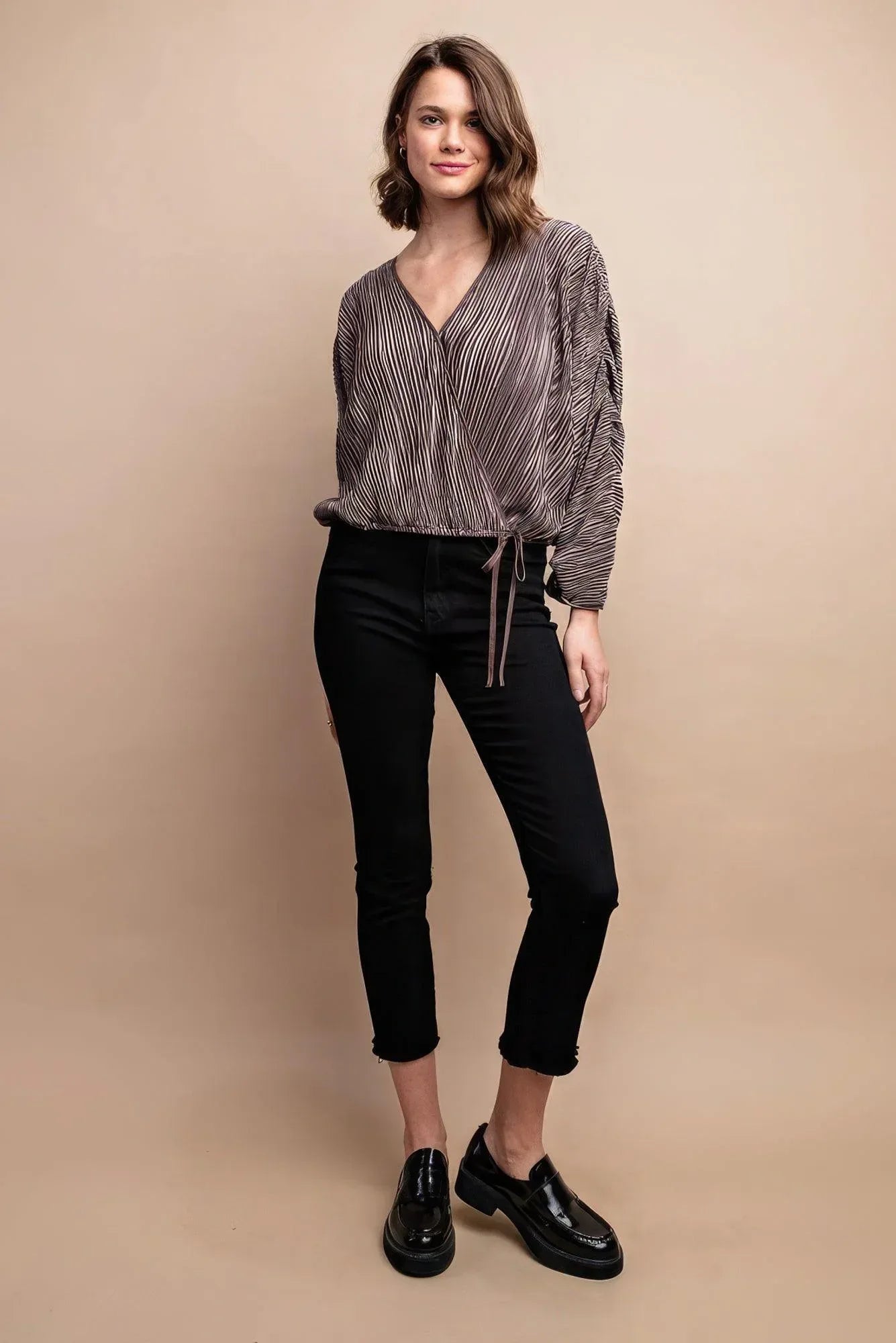 Satin Pleated Drawstring Top With Snap Button Secondary image