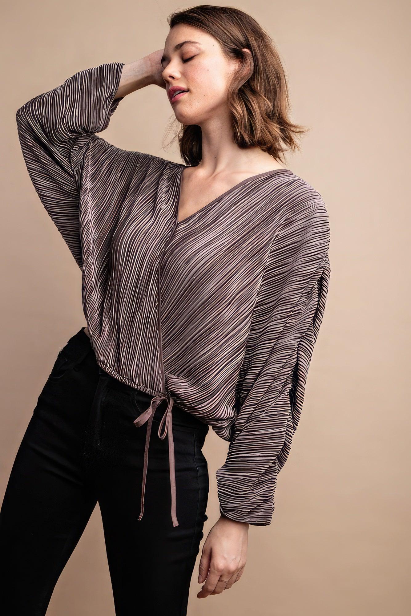 Satin Pleated Drawstring Top With Snap Button | Mixtshop LLC