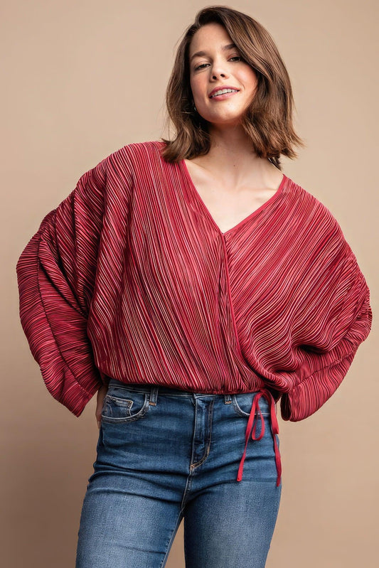 Satin Pleated Drawstring Top With Snap Button | Mixtshop LLC