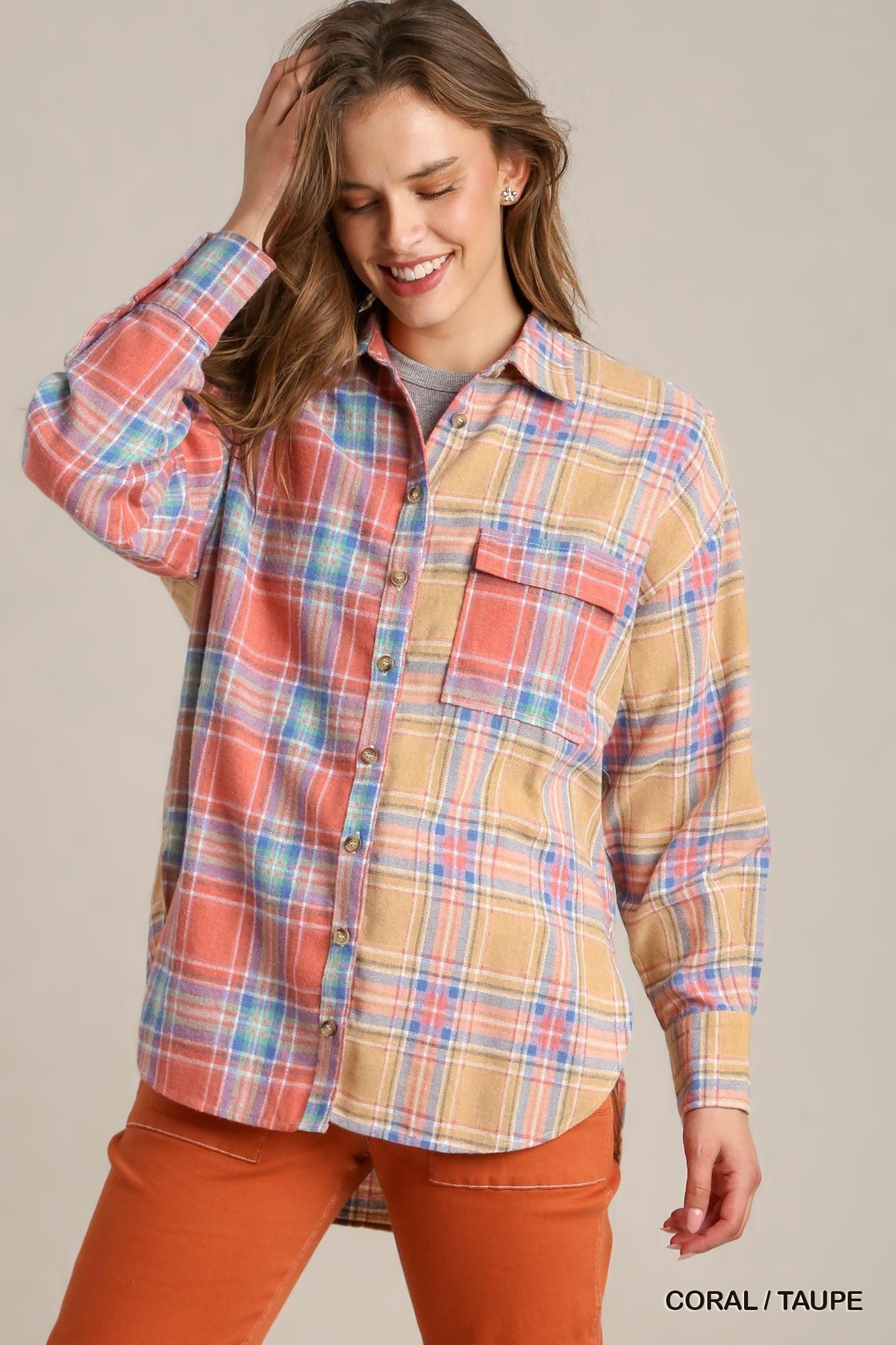 Mixed Plaid Boxy Cut Button Down Flannel With Front Pocket | Mixtshop LLC