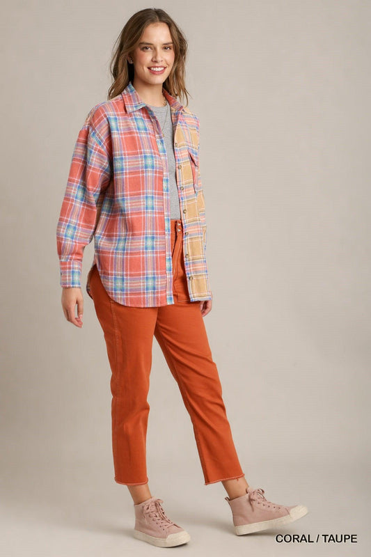 Mixed Plaid Boxy Cut Button Down Flannel With Front Pocket | Mixtshop LLC