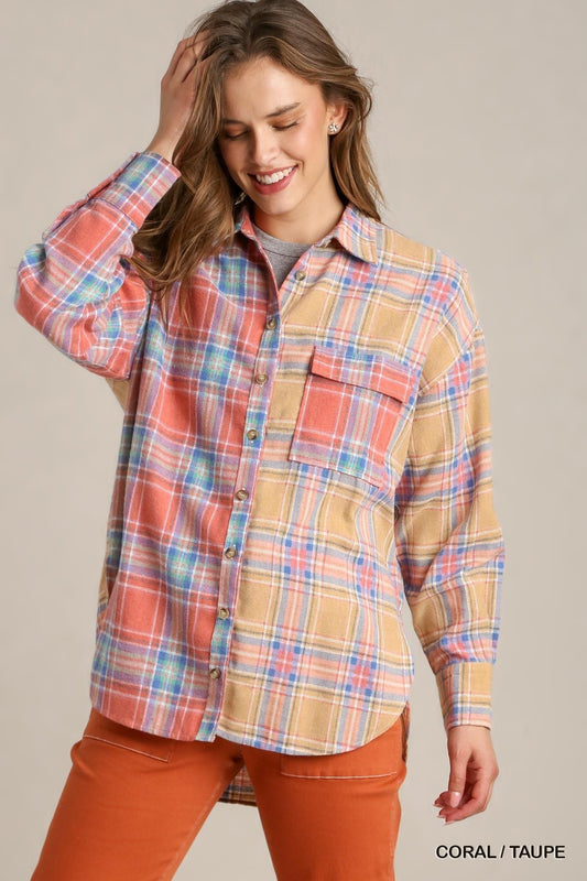 Mixed Plaid Boxy Cut Button Down Flannel With Front Pocket | Mixtshop LLC