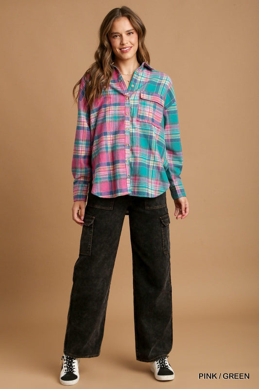 Mixed Plaid Boxy Cut Button Down Flannel With Front Pocket | Mixtshop LLC