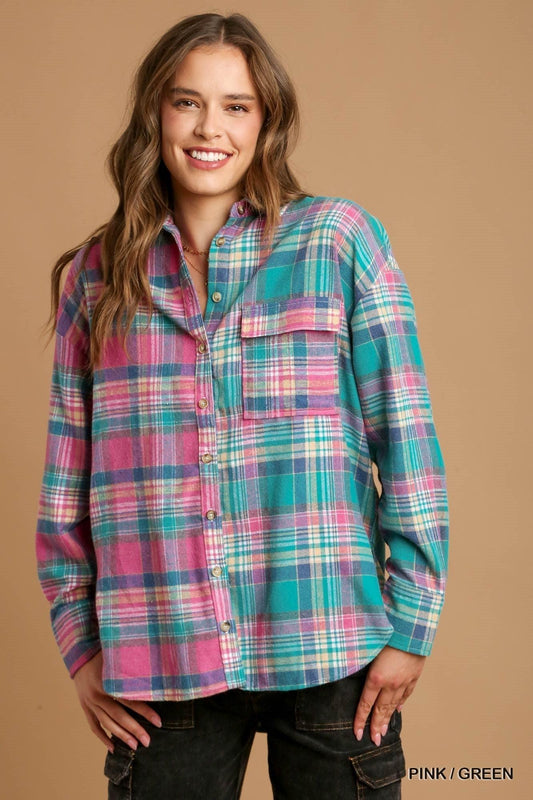 Mixed Plaid Boxy Cut Button Down Flannel With Front Pocket | Mixtshop LLC