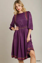 Satin Round Neck Embroidery Midi Dress | Mixtshop LLC