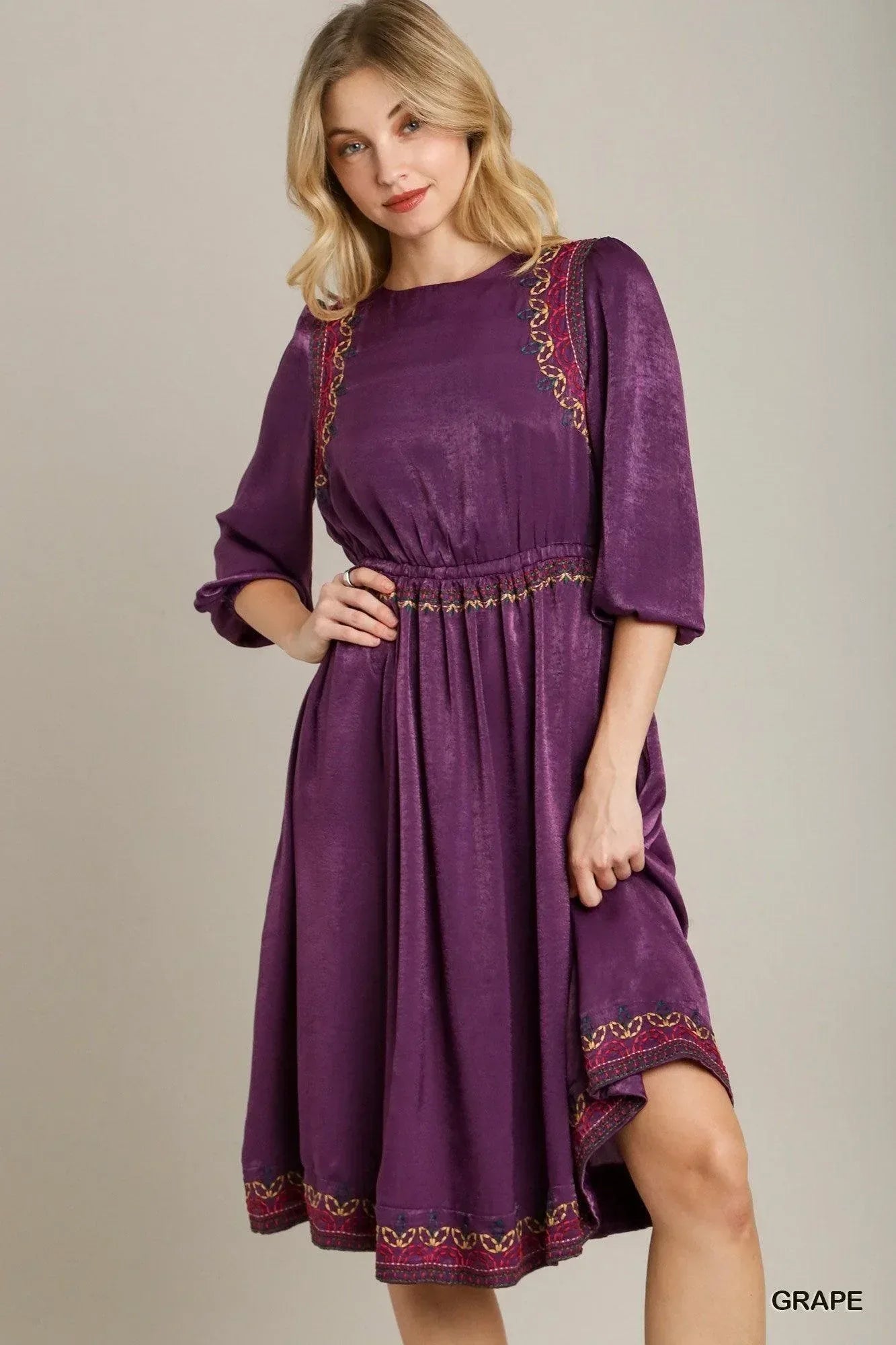 Satin Round Neck Embroidery Midi Dress | Mixtshop LLC