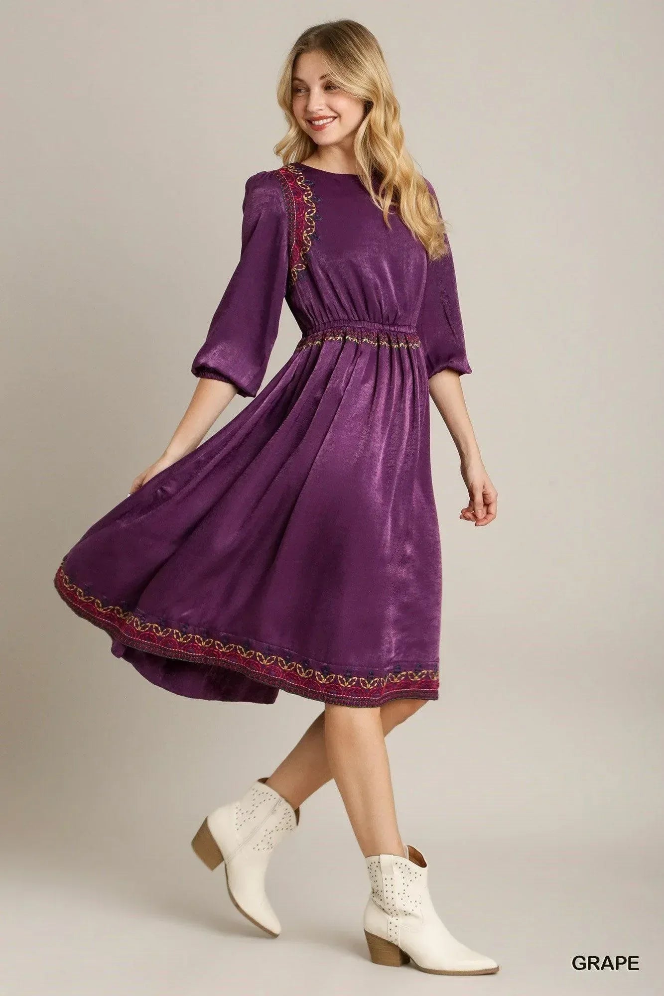 Satin Round Neck Embroidery Midi Dress | Mixtshop LLC