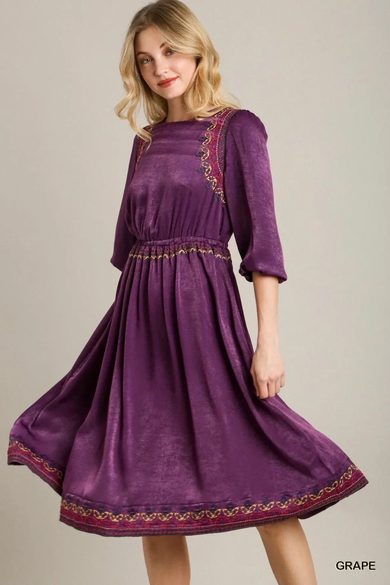 Satin Round Neck Embroidery Midi Dress | Mixtshop LLC