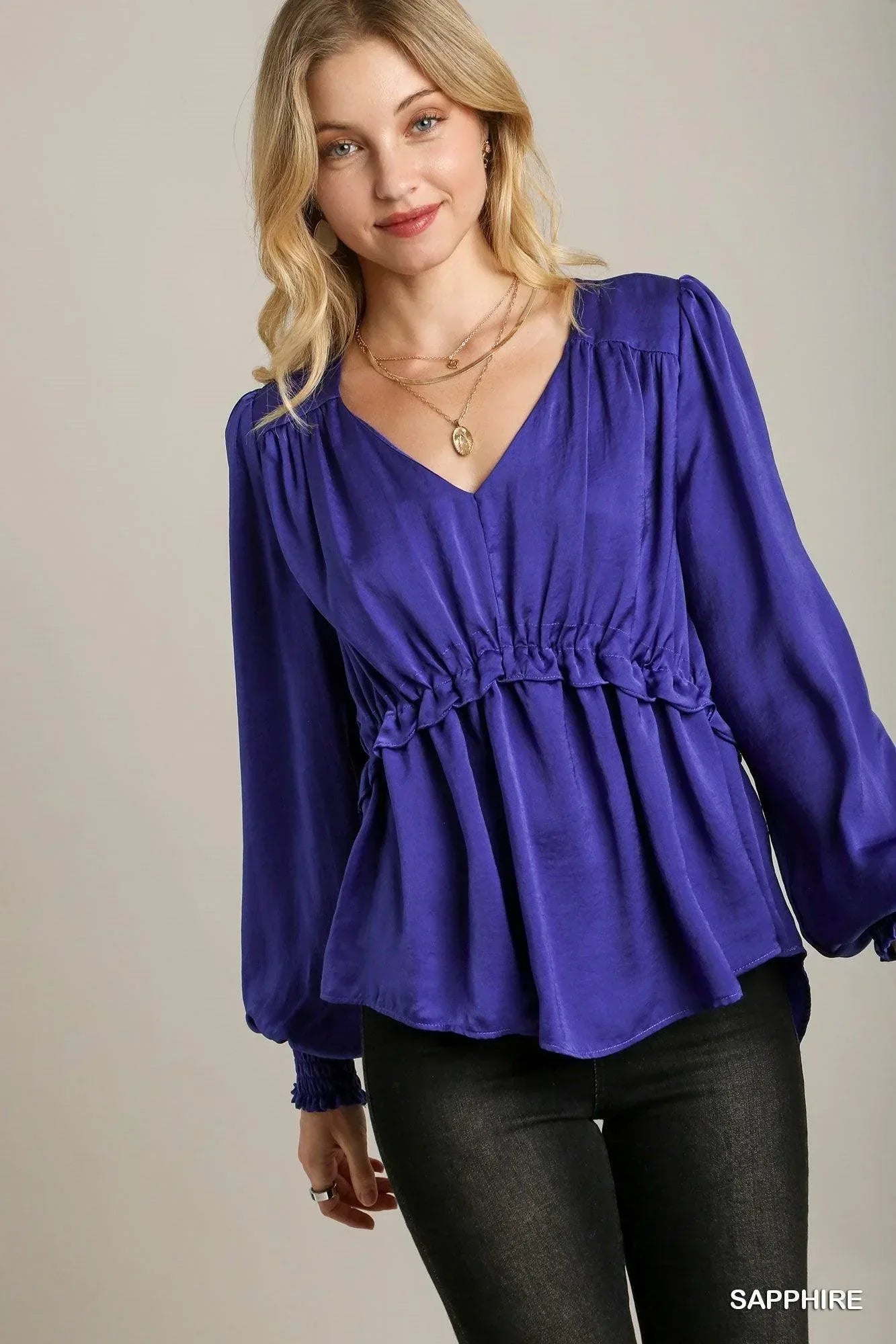 Satin V-neck Ruffle Baby Doll Top With Cuffed Long Sleeve | Mixtshop LLC Main image