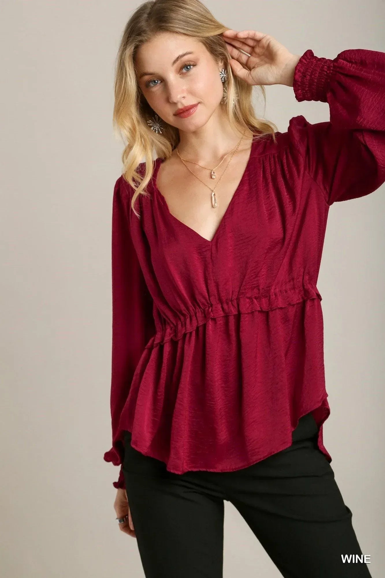 Satin V-neck Ruffle Baby Doll Top With Cuffed Long Sleeve | Mixtshop LLC Main image
