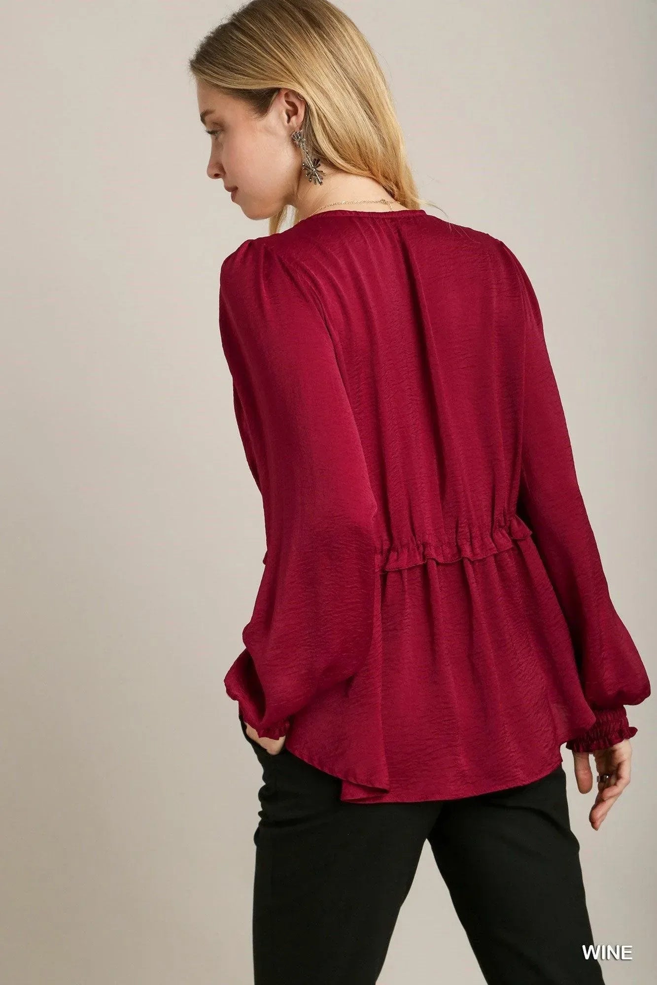 Satin V-neck Ruffle Baby Doll Top With Cuffed Long Sleeve | Mixtshop LLC
