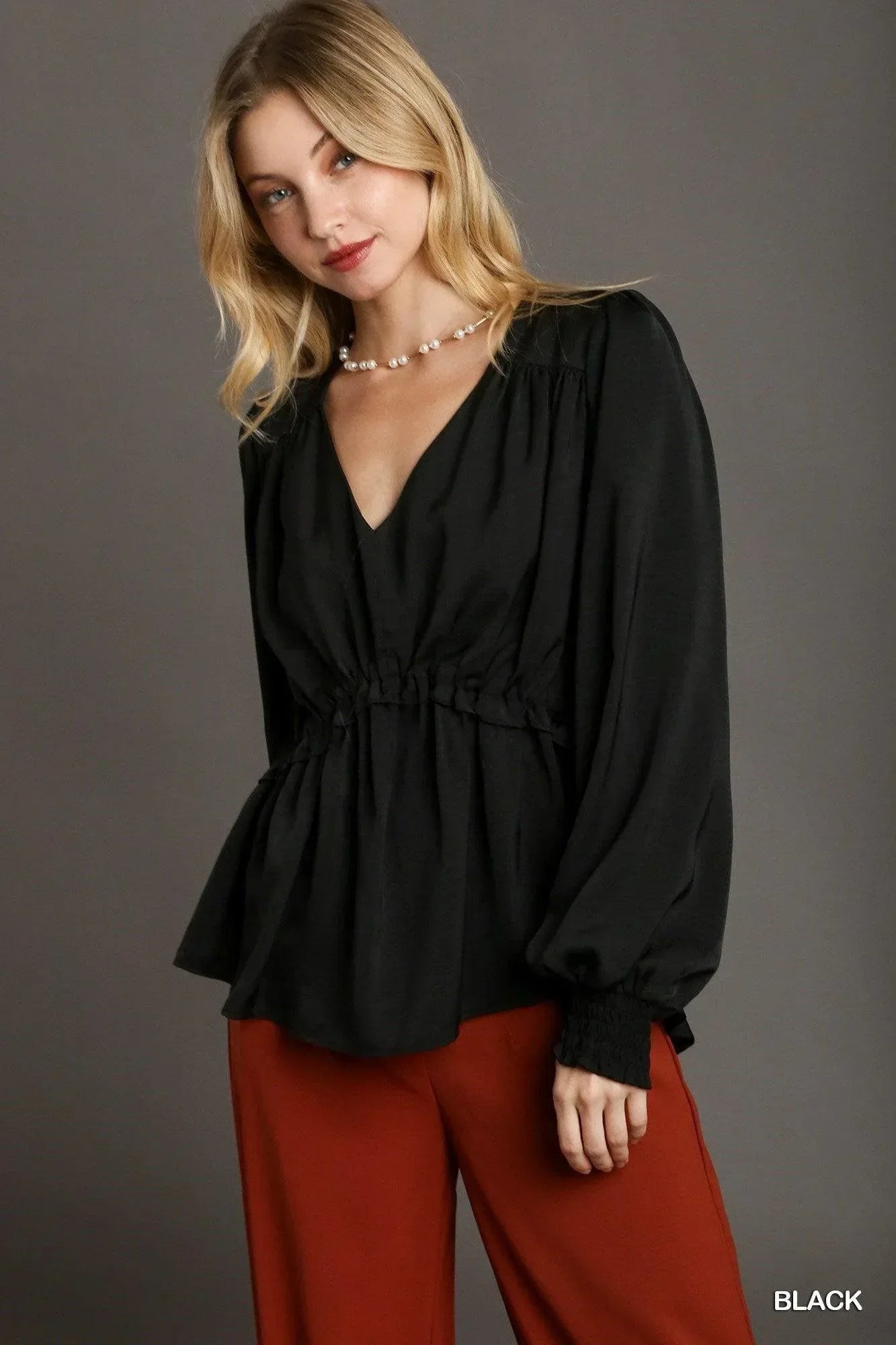 Satin V-neck Ruffle Baby Doll Top With Cuffed Long Sleeve | Mixtshop LLC Main image