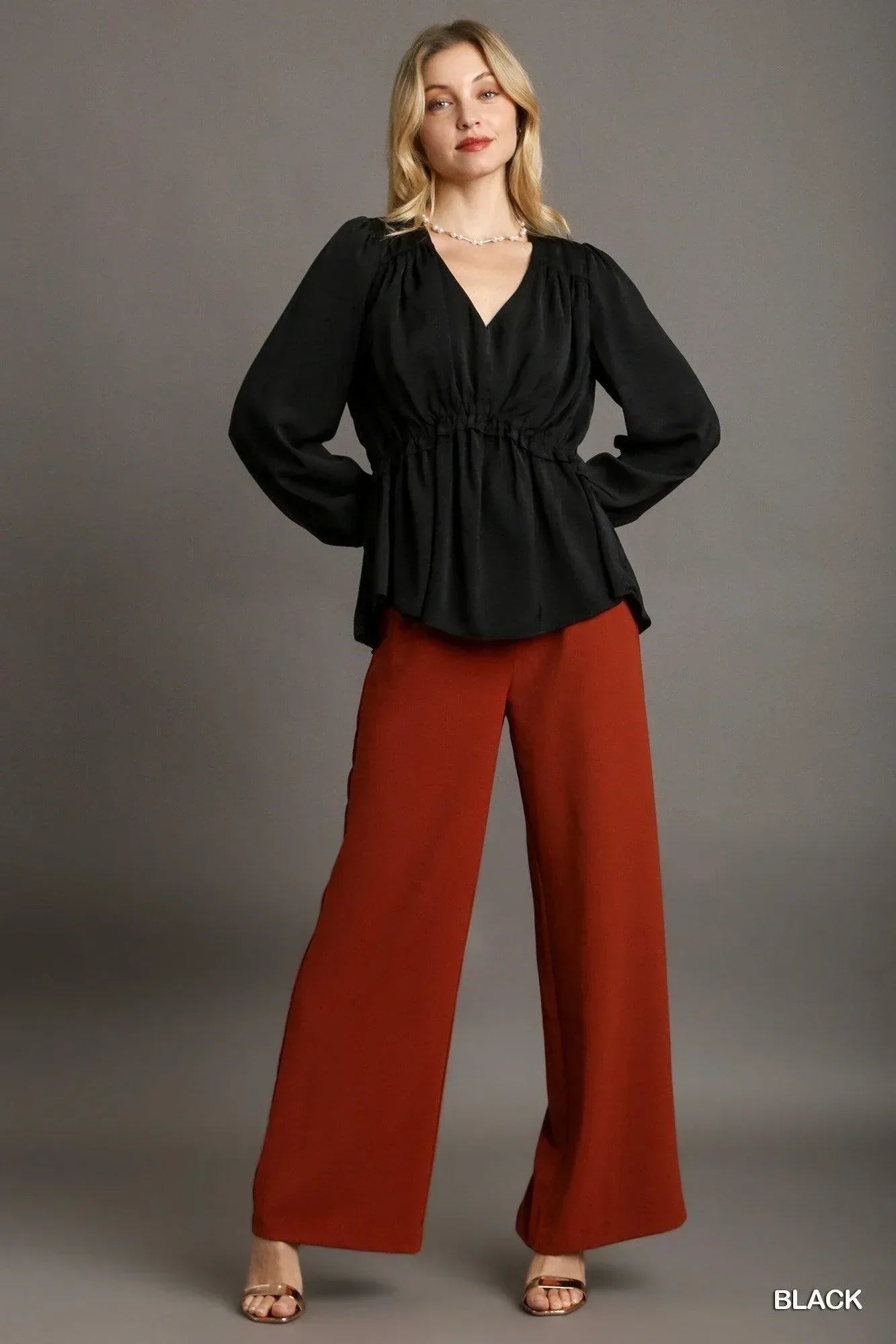 Satin V-neck Ruffle Baby Doll Top With Cuffed Long Sleeve | Mixtshop LLC