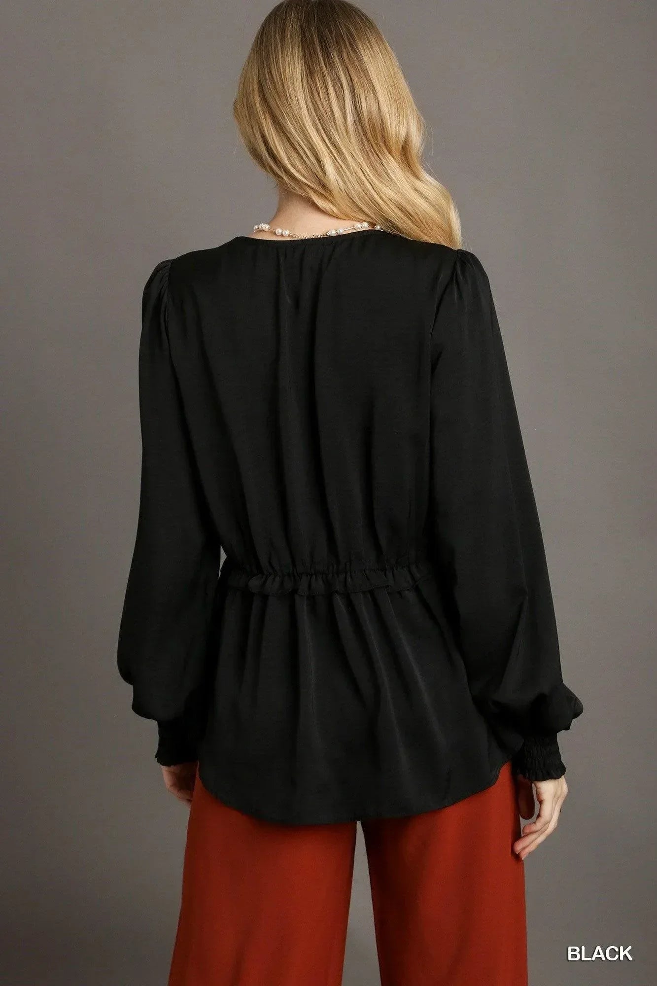 Satin V-neck Ruffle Baby Doll Top With Cuffed Long Sleeve | Mixtshop LLC