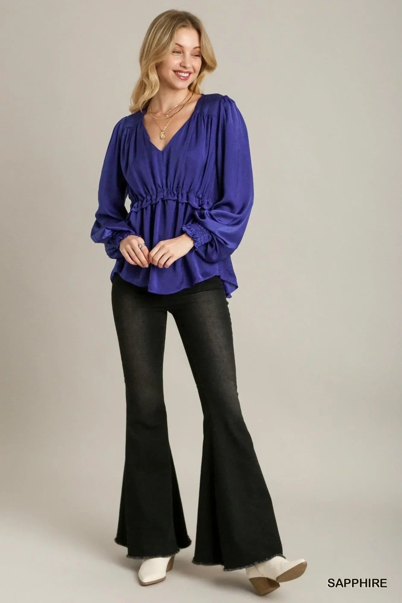 Satin V-neck Ruffle Baby Doll Top With Cuffed Long Sleeve Secondary image