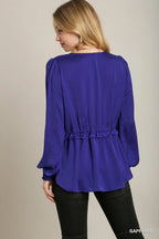 Satin V-neck Ruffle Baby Doll Top With Cuffed Long Sleeve | Mixtshop LLC