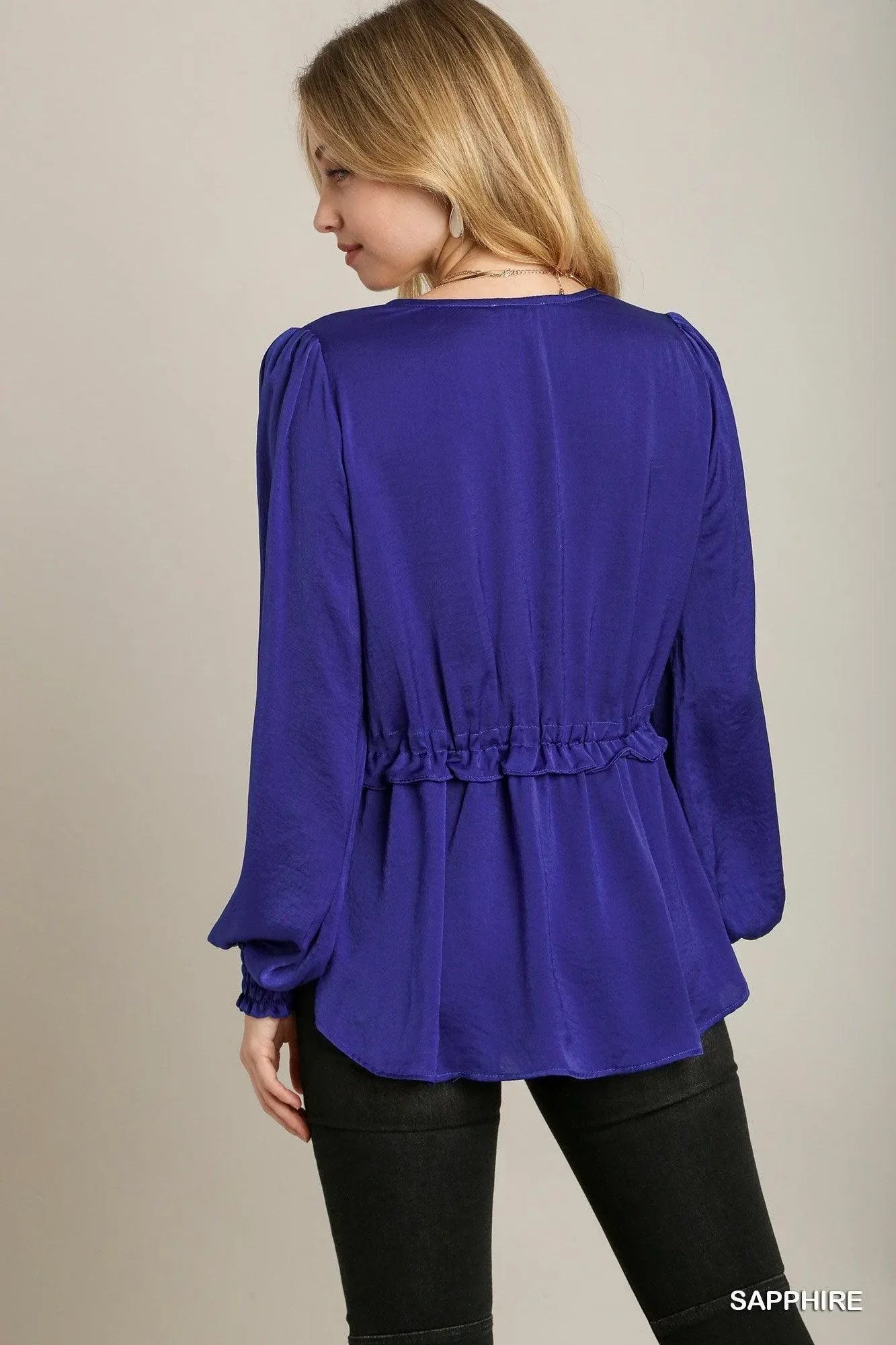 Satin V-neck Ruffle Baby Doll Top With Cuffed Long Sleeve | Mixtshop LLC