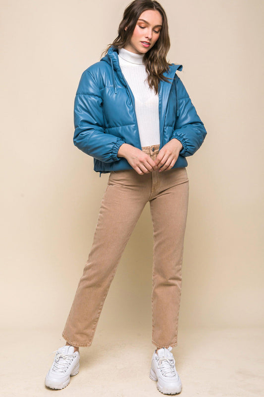 Pu Faux Leather Zipper Hooded Puffer Jacket | Mixtshop LLC
