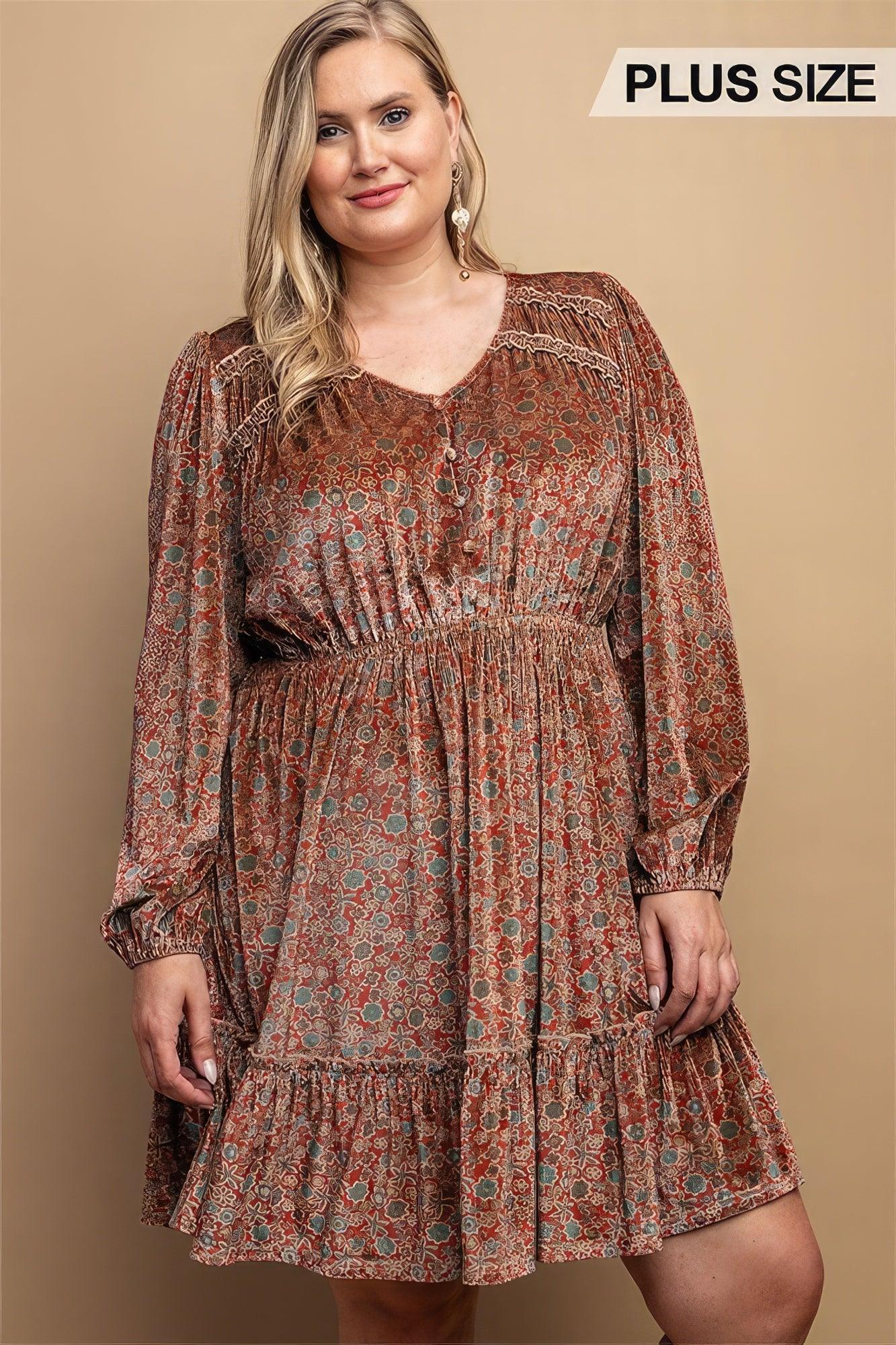 Printed Velvet V-neck Dress With Button Front Detail | Mixtshop LLC Main image