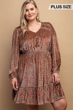 Printed Velvet V-neck Dress With Button Front Detail | Mixtshop LLC