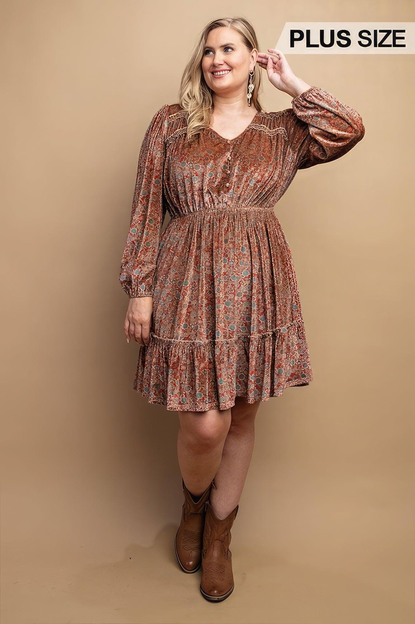 Printed Velvet V-neck Dress With Button Front Detail Secondary image