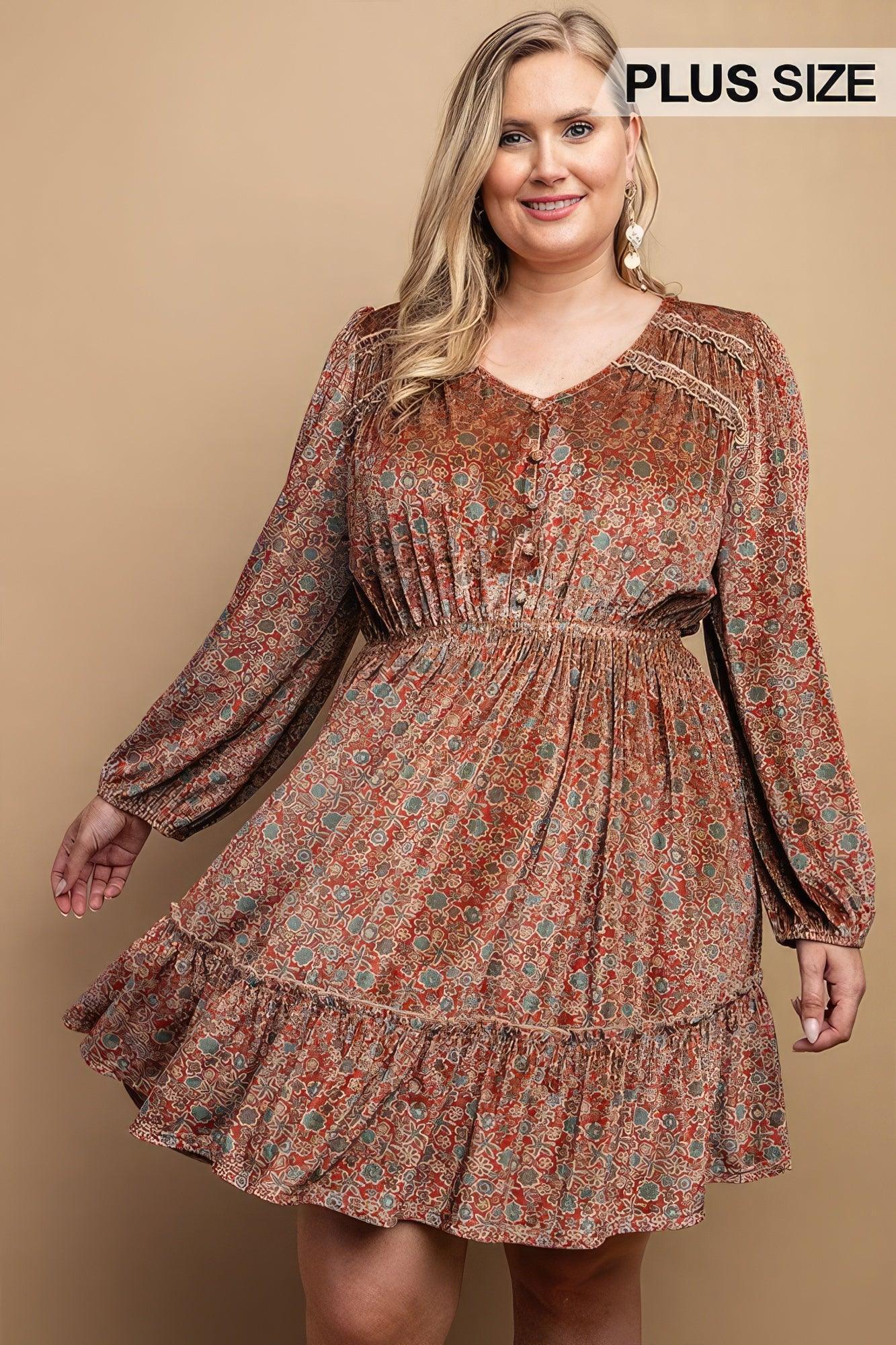 Printed Velvet V-neck Dress With Button Front Detail | Mixtshop LLC