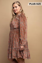 Printed Velvet V-neck Dress With Button Front Detail | Mixtshop LLC