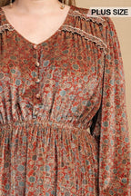 Printed Velvet V-neck Dress With Button Front Detail | Mixtshop LLC