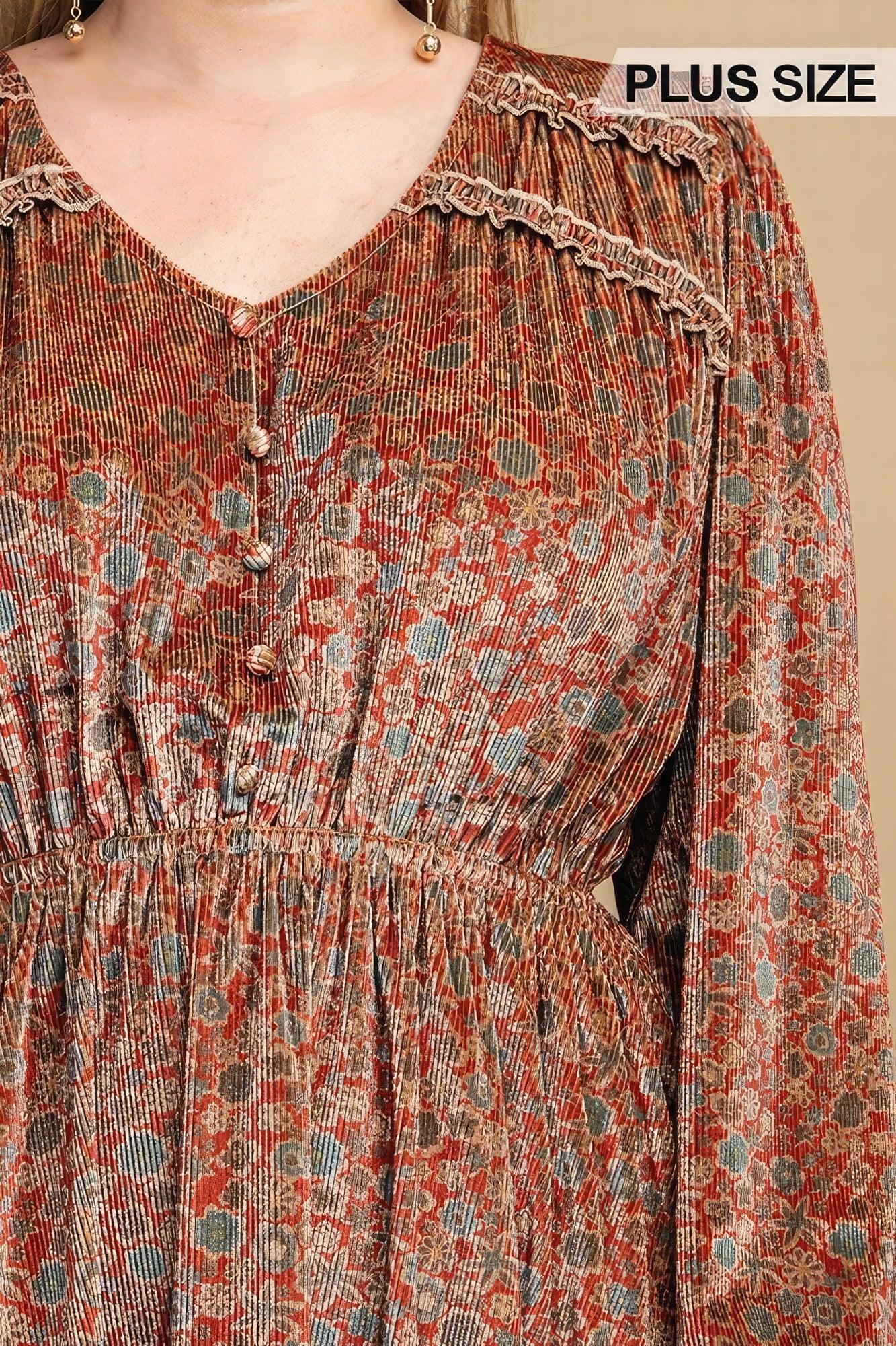Printed Velvet V-neck Dress With Button Front Detail | Mixtshop LLC
