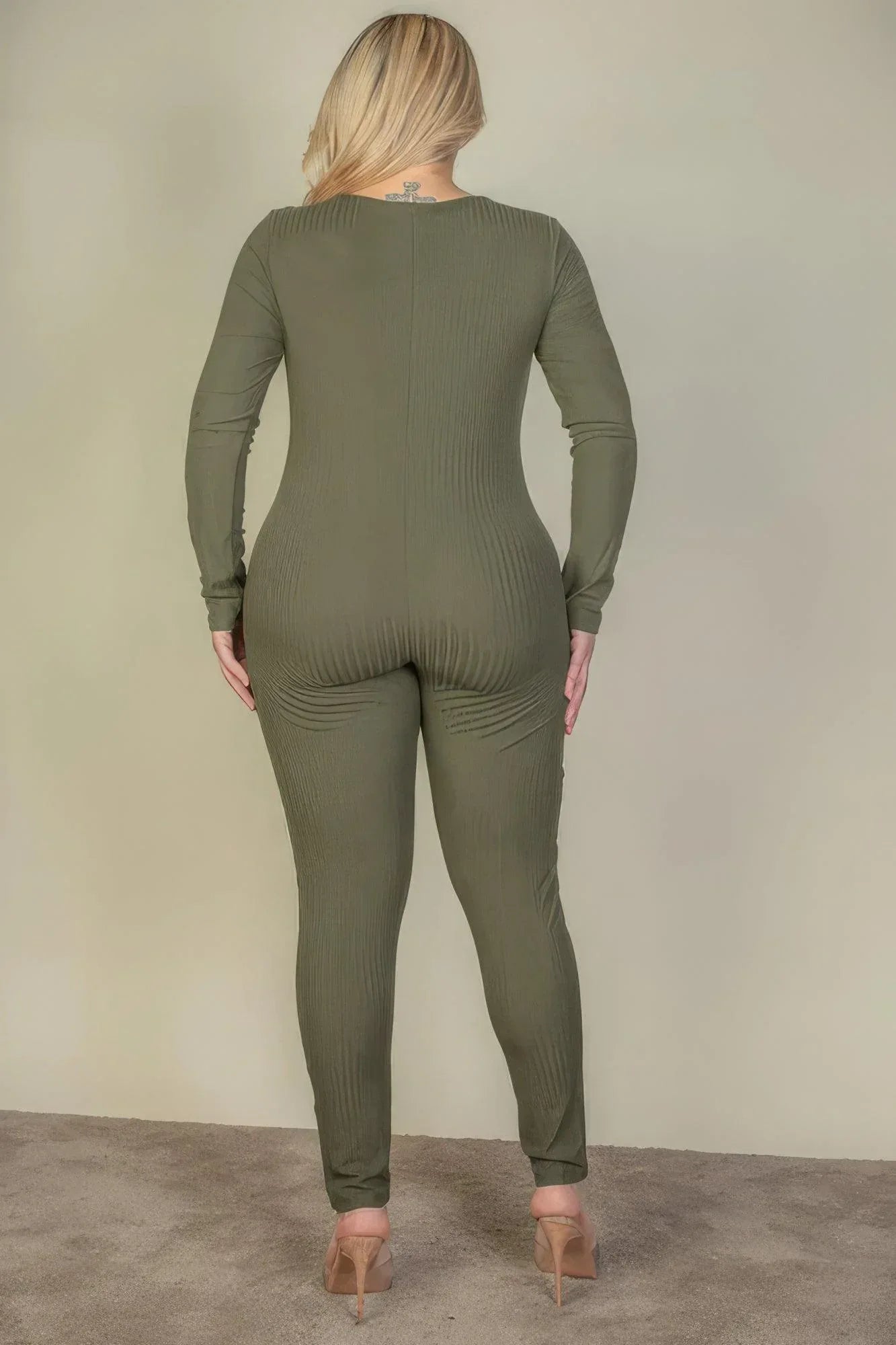 Plus Size Ribbed Scoop Neck Long Sleeve Jumpsuit | Mixtshop LLC