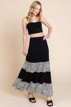Long Tiered Contrast Fashion Skirt With Velvet Animal Print Mesh | Mixtshop LLC