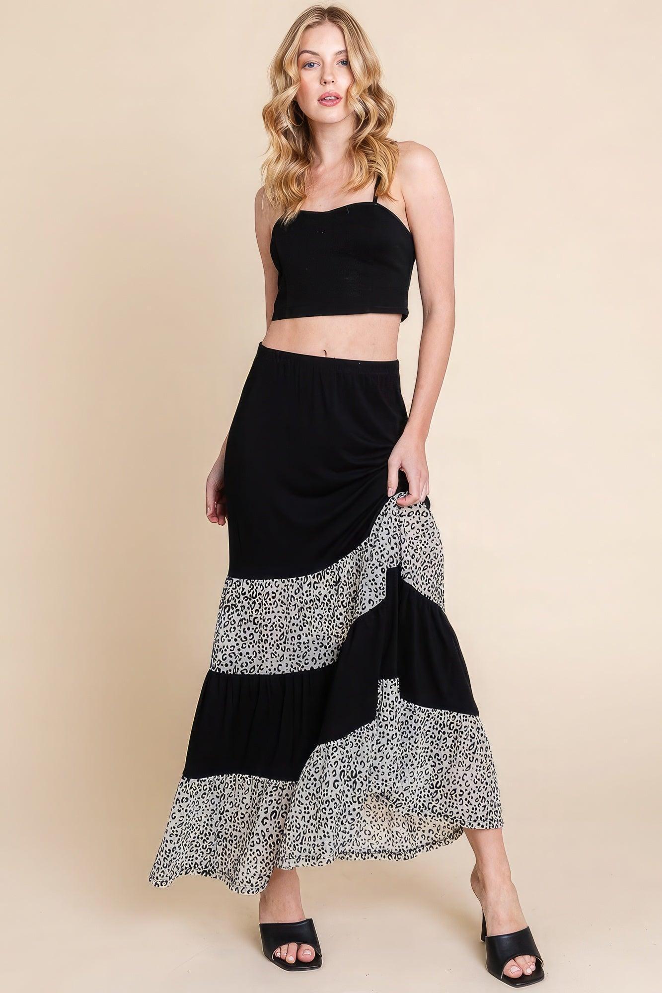 Long Tiered Contrast Fashion Skirt With Velvet Animal Print Mesh Secondary image