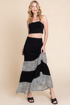 Long Tiered Contrast Fashion Skirt With Velvet Animal Print Mesh | Mixtshop LLC