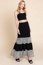 Long Tiered Contrast Fashion Skirt With Velvet Animal Print Mesh | Mixtshop LLC