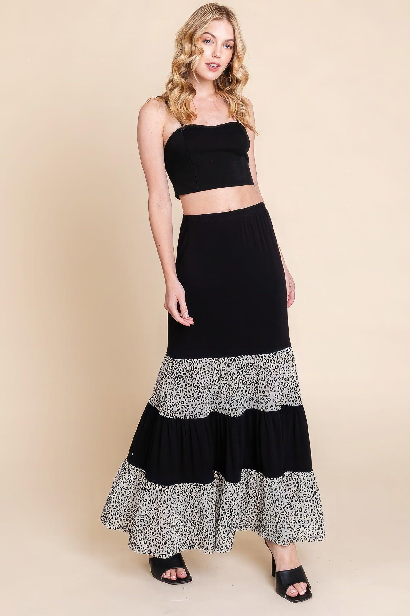 Long Tiered Contrast Fashion Skirt With Velvet Animal Print Mesh | Mixtshop LLC