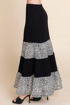 Long Tiered Contrast Fashion Skirt With Velvet Animal Print Mesh | Mixtshop LLC